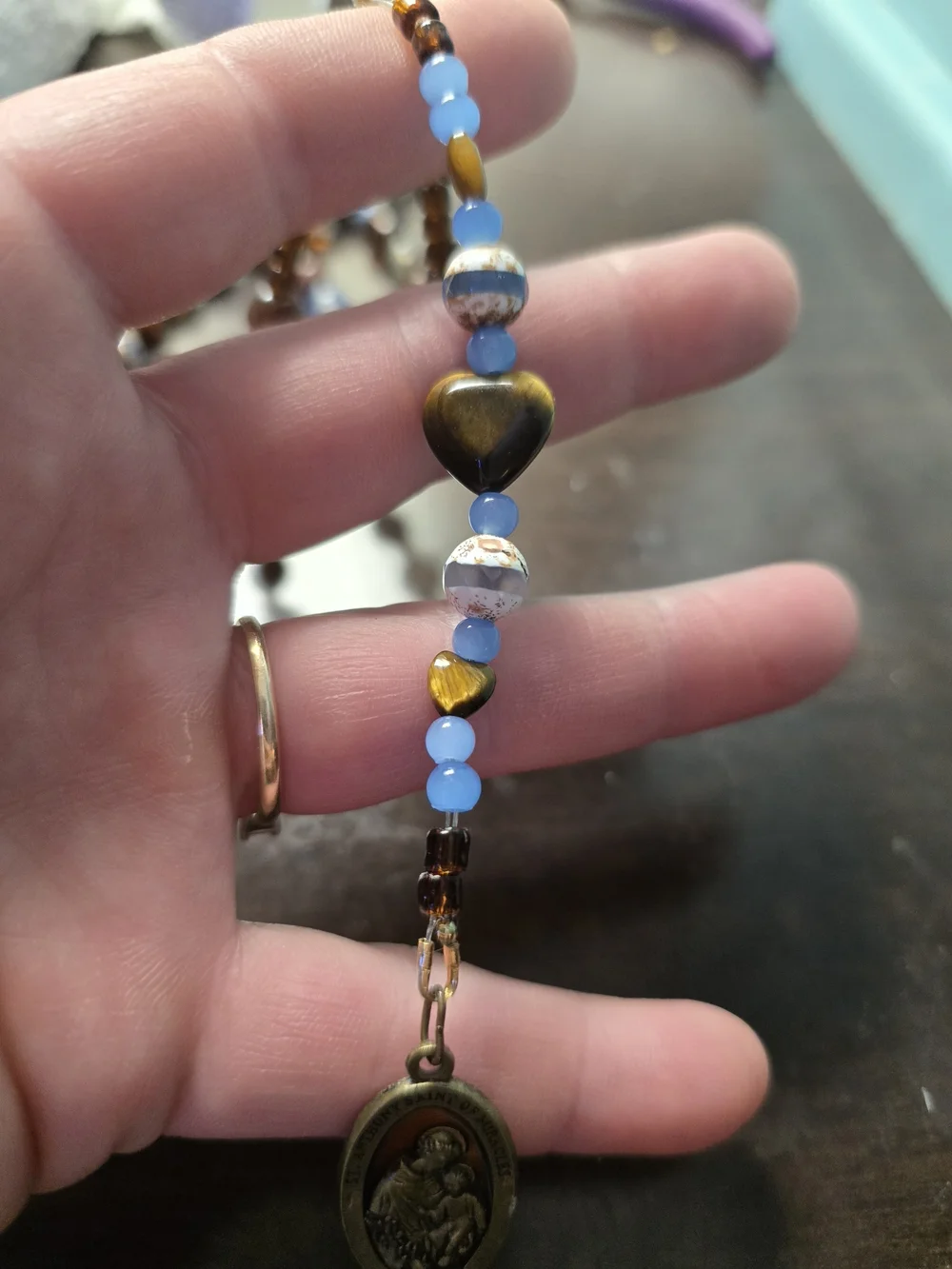 Rosary Handcrafted Blue and Brown Saint Medal Rosary Necklace